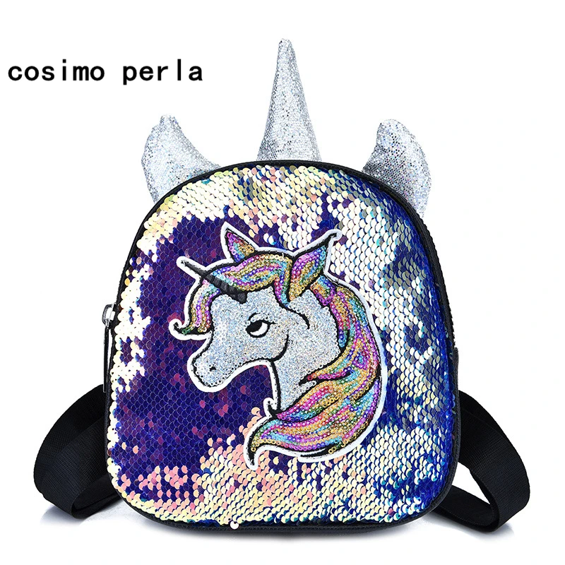 

Cartoon Kawaii Reversible Sequins Children Backpack Cute Girls New Korean Fashion Shinny Glitter Small Leather Unicorn Bagpacks