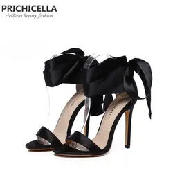 Prichicella Модные Черные Атласные босоножки с ремешком на щиколотке высокий каблук модельные туфли натуральная кожа Летние туфли-лодочки