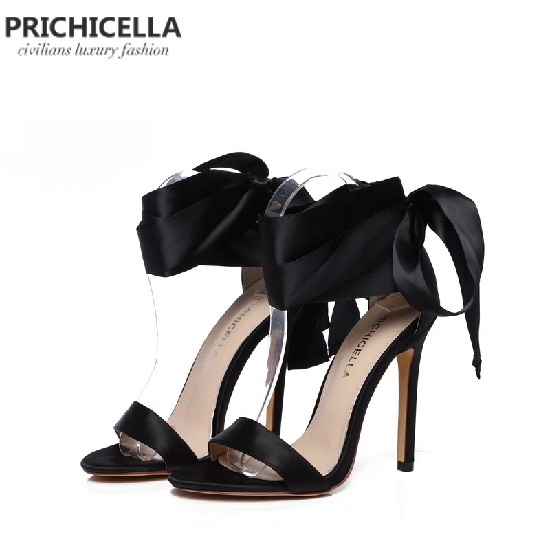Online PRICHICELLA moda negro satén encaje up tobillo envoltura alto talón vestido zapato cuero genuino verano bombas
