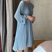 LANMREM новая Корейская летняя модная женская одежда, платья для отпуска, пуловер с рукавами-фонариками, свободное шифоновое плиссированное платье WG686