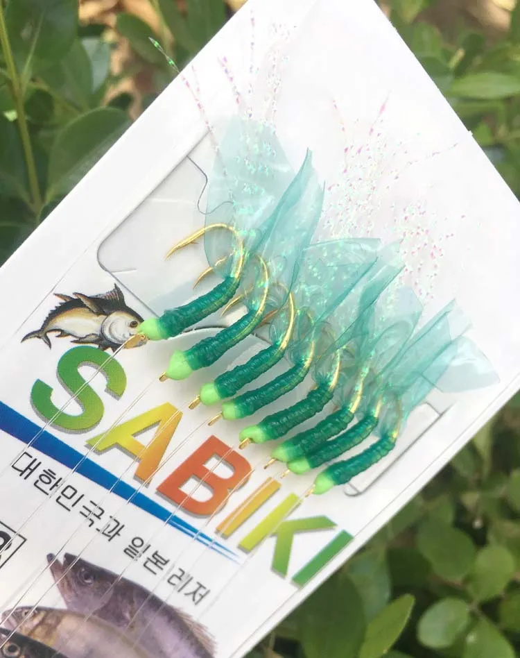 

10 Bags Green Rubber Sabiki Fishing Sea Rigs Gang Fishing Carp Saltwater Fishing Lures With 8 Hooks