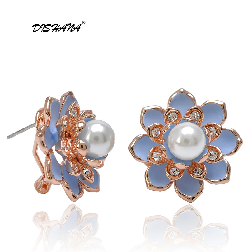 Simulated Pearl Beads Women Fashion Flower Rose Gold Color Crystal