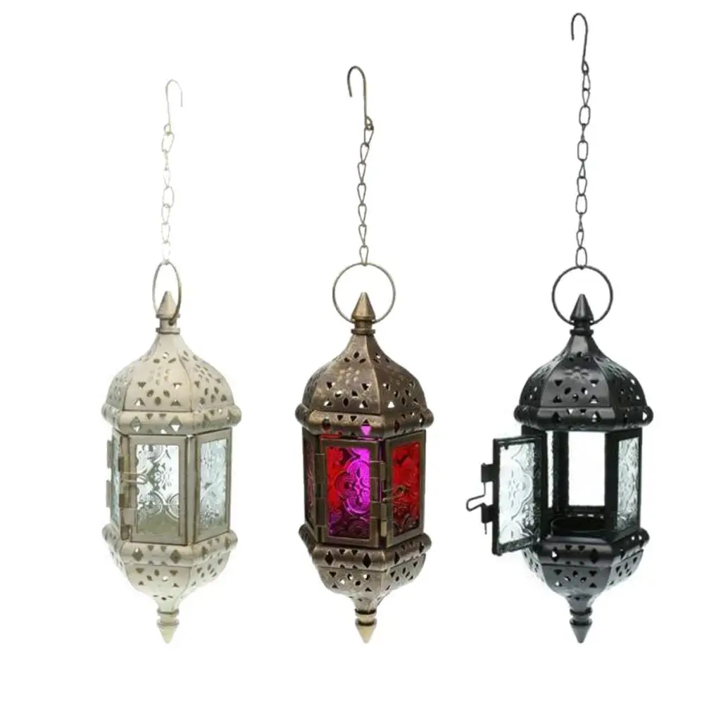 Set 3PCS Glass Hanging Moroccan Candle Lanterns Hurricane Candle Lamp Tea Light Candleholder With 66cm Iron Chain