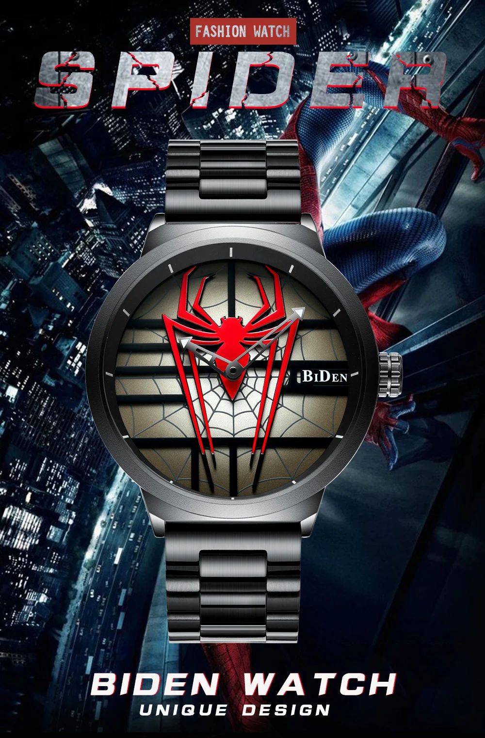BIDEN мужской роскошный бренд часов полностью стальные водонепроницаемые кварцевые наручные часы модные спортивные часы мужские персональные часы с человеком-пауком