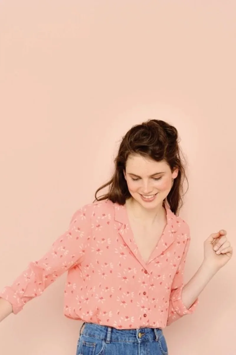 Для женщин розовый Цветочный принт Chemisier отложной воротник с длинным рукавом район сладкий блузка