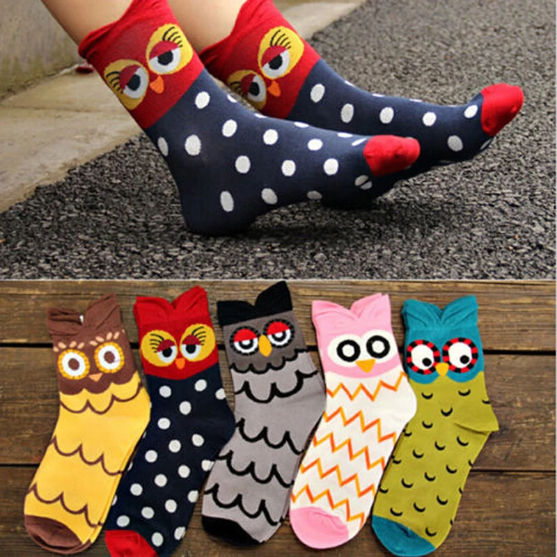 1pair New Women Girl Socks Fashion Cartoon Owl Cute Animal Expression