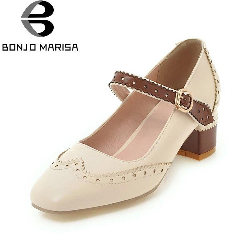 

BONJOMARISA 2018 Spring Autumn New Arrival Big Size 34-43 Mixed Color Women Mary Janes Pumps Flower Edge Med Heels Shoes Woman