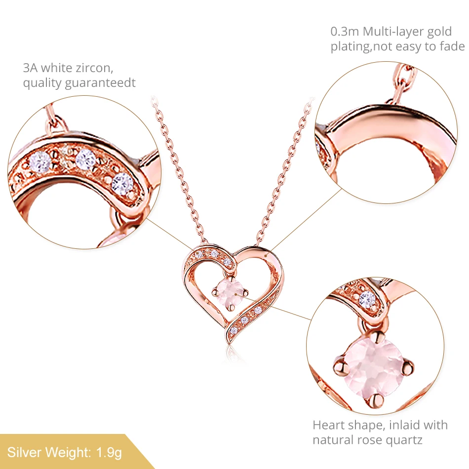 ALLNOEL  Pendant Necklace Real 925 Sterling Silver Gemstone Jewelry For Women NaturaL Rose Quartz Heart Pendant Rose Gold Color  (7)