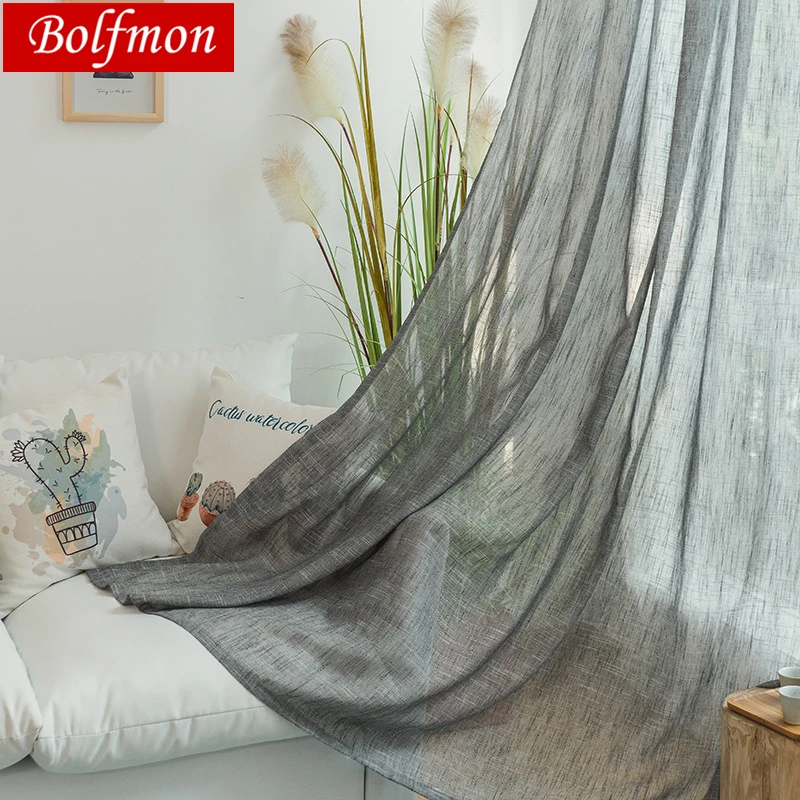 

3 Color Curtains Solid Grey Tulle Window Curtains for Kitchen Door Living Room Bedroom Sheer Blue Linen Curtain Flax Yarn