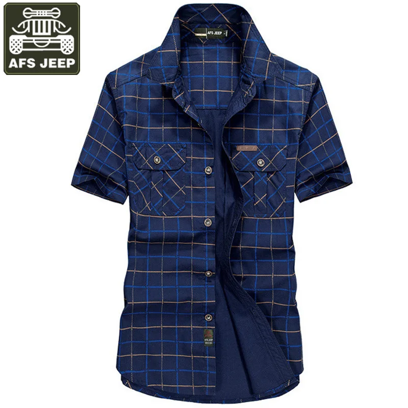 

AFS JEEP Plaid Shirt Men Casual Shirts Pure Cotton Short Sleeves Men Shirt Camisas Plus Size 5XL Summer Shirts Denim Hombre