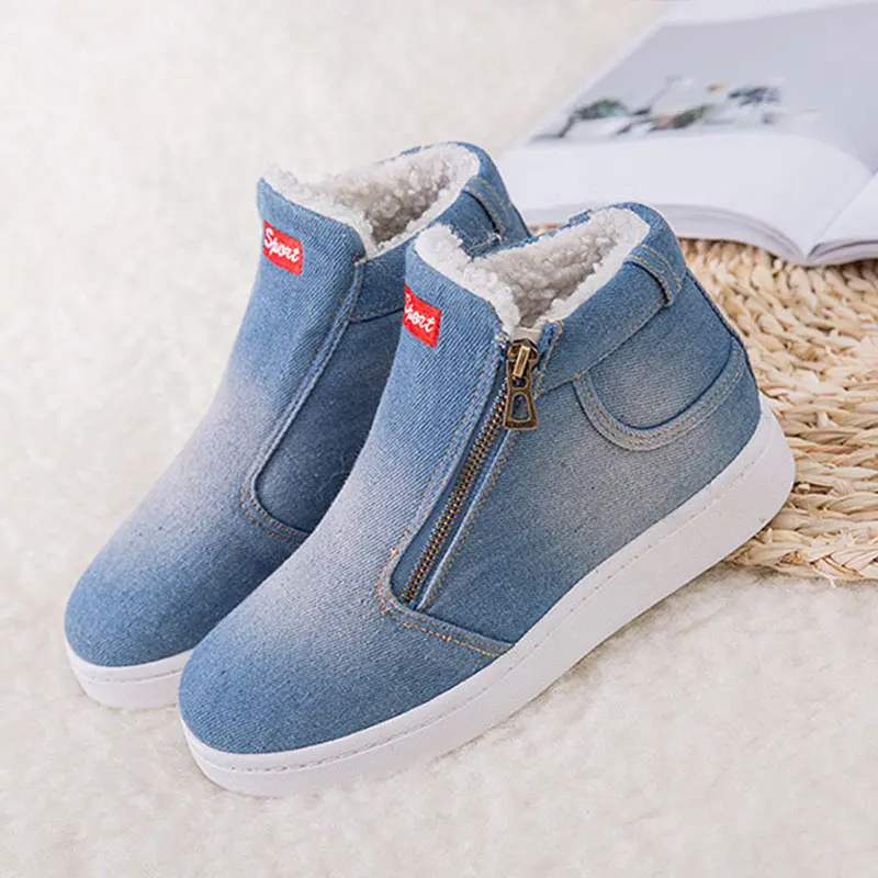 Зимняя обувь женские модные кроссовки basket femme однотонная джинсовая теплая