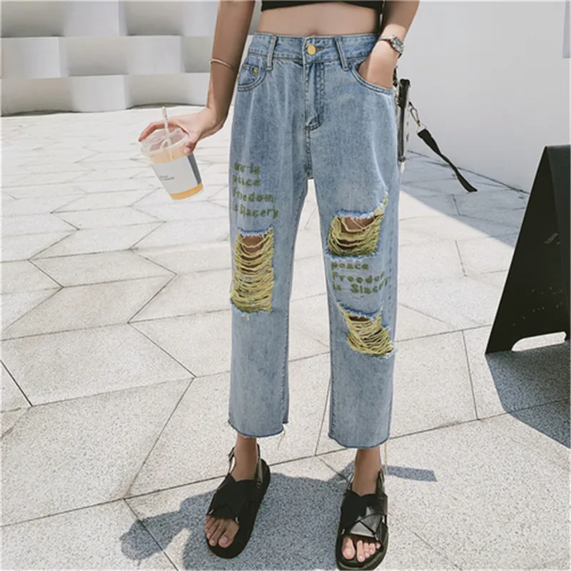 RUGOD шикарные рваные джинсовые штаны, женские модные прямые джинсовые штаны с высокой талией, уличная одежда, потертые штаны длиной до лодыжки размера плюс