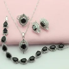 Partido clásico Negro Piedra Plata Conjuntos de Joyas Para Las Mujeres Pendientes Anillo Colgante Collar Corrente Pulseira Envío Caja de Regalo