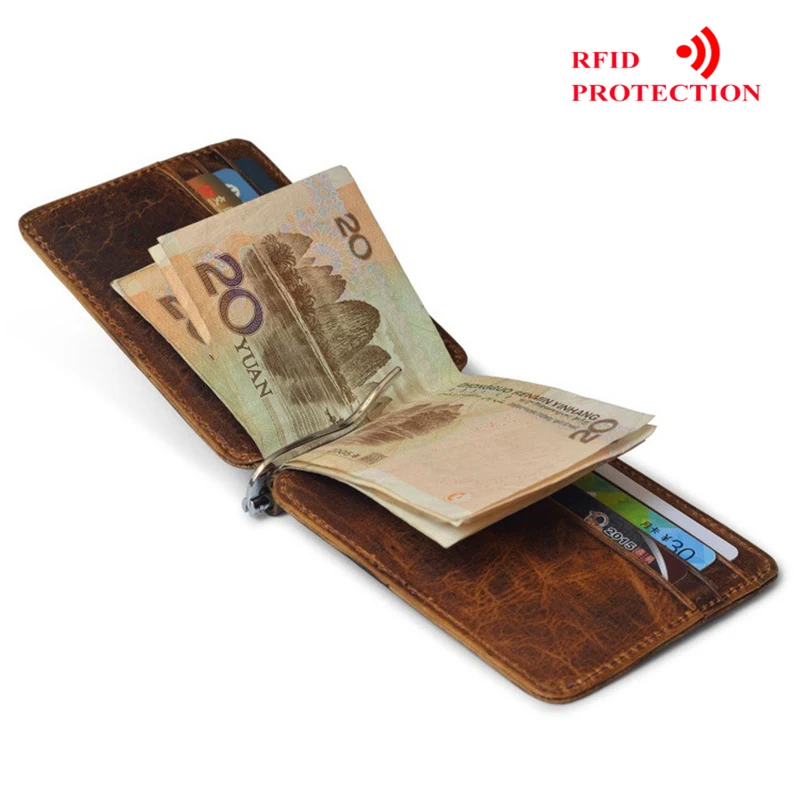 

MRF22 RFID blocking Leather Money Clip Metal Wallet Men Thin Billfold Folded Clamp for Money Credit Card Case Cash Clips