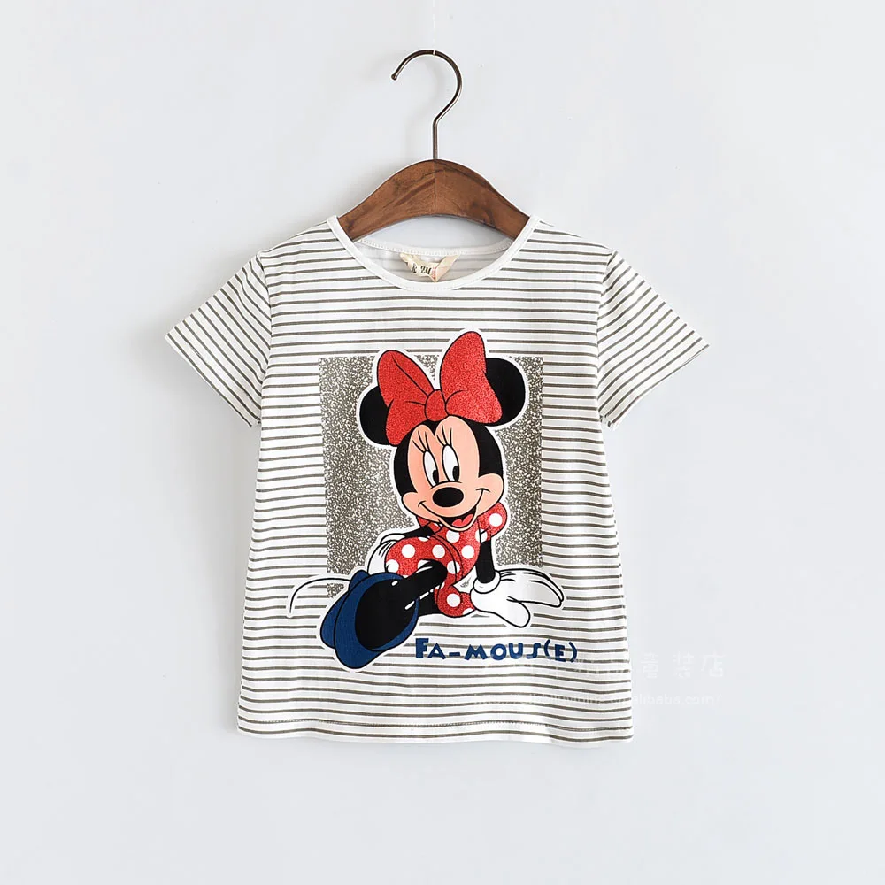 

2019 Summer New Girls Striped Short Sleeve T-Shirt Disney cartoon Minnie Mouse cotton girl T-shirt