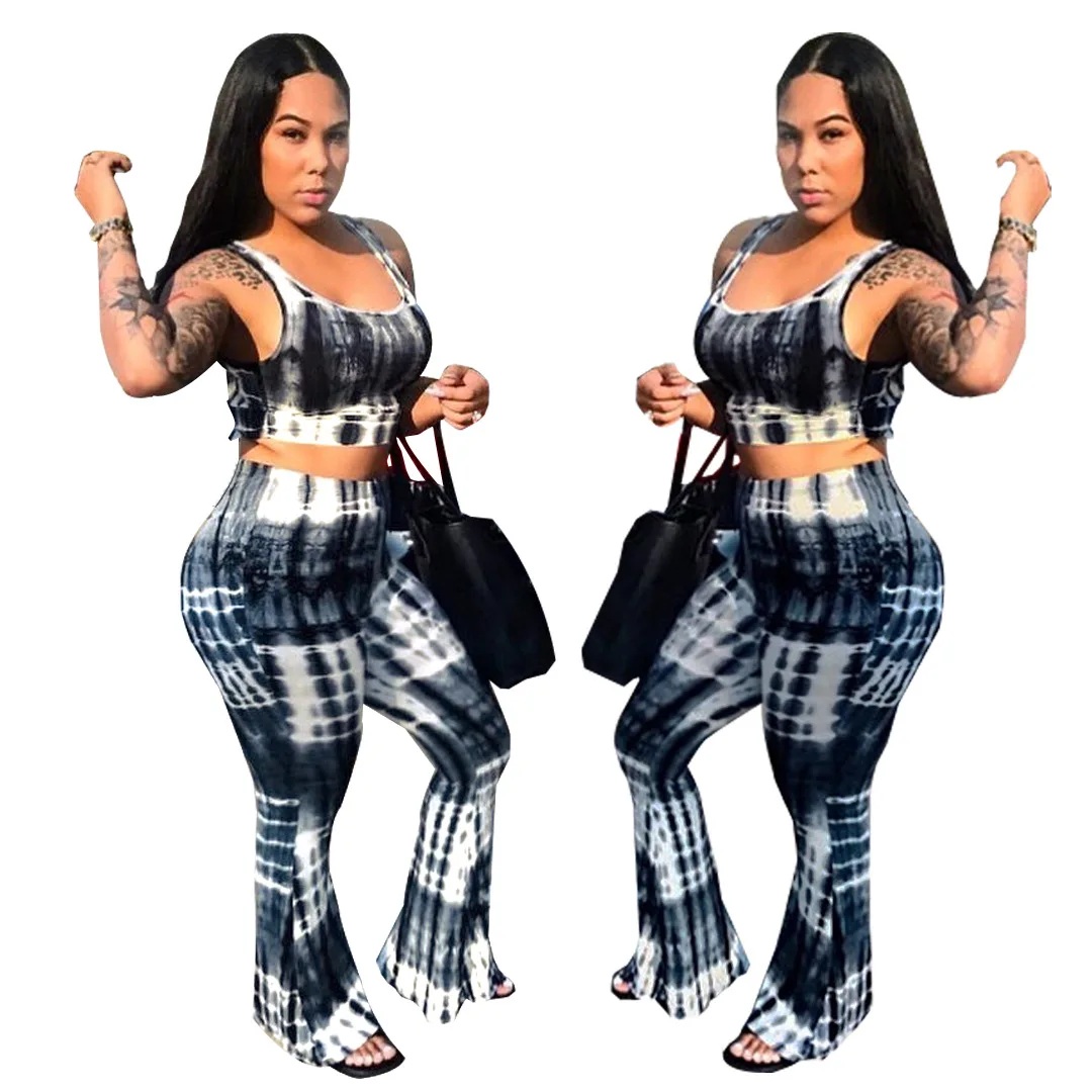 

Spring Summer Women Two Piece Set Top and Pants Plus Size Outfits Tracksuit Sweatsuit Print Tank Tops Flare Pants Sets