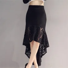 Новинка, сексуальные юбки для латинских танцев, Женская Черная кружевная юбка, Асимметричная юбка с рыбьим хвостом, длинное платье для бальных танцев
