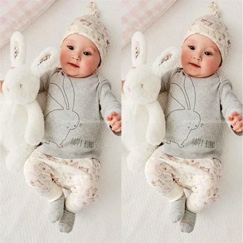 

Cute Bunny Infant Baby Boy Girl Bodysuit Hat Romper Tops Pants Outfits 3pcs Set