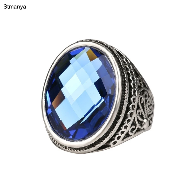 

Luxury Blue Glass Stone Ring For Women Dazzle Accessories Silver Plated Vintage Oval For Men Big Rings 31015