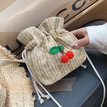 

Women Bucket Bags Woven Cherry Decor Vintage Chic Mini Messenger Bag New