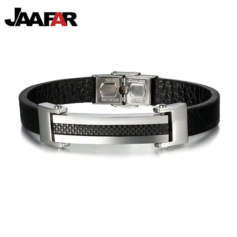 Fashion 2016 Charm Bracelet Men Punk Titanium Stainless Steel Black genuine Leather Bangle For Jewelry | Украшения и аксессуары