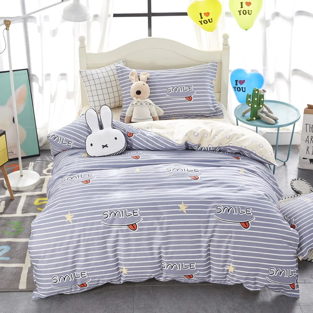 

2018 Brief Smile Grey Lines Duvet Cover Set Children 3pc Bedding Set Twin Size Cotton Bedlinens Bedsheet Pillowcases