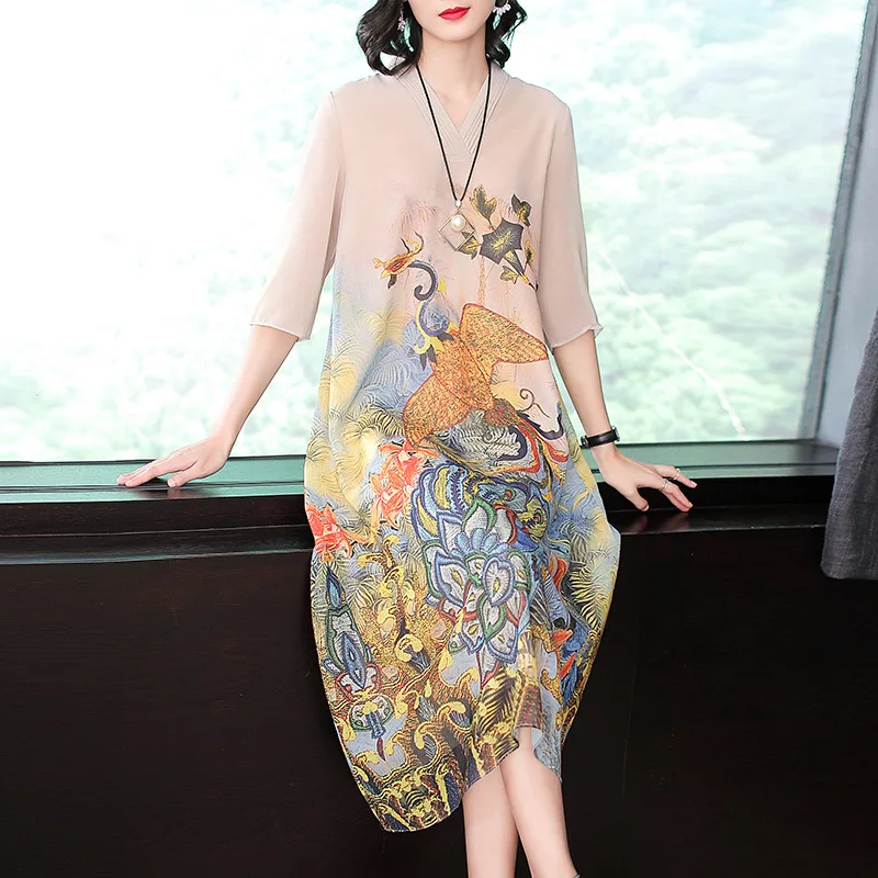 

Vintage Floral Printed Chinese Dress Women Three Quarter Sleeve V-Neck Casual Vestidos Spring Summer Retro Loose Midi Dresses