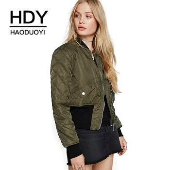 

HDY Haoduoyi Apparel Women Bomber Jacket Streetwear Solid Color Short Cotton Jacket Rib Knit Cuff Pocket Zippers Female Tops