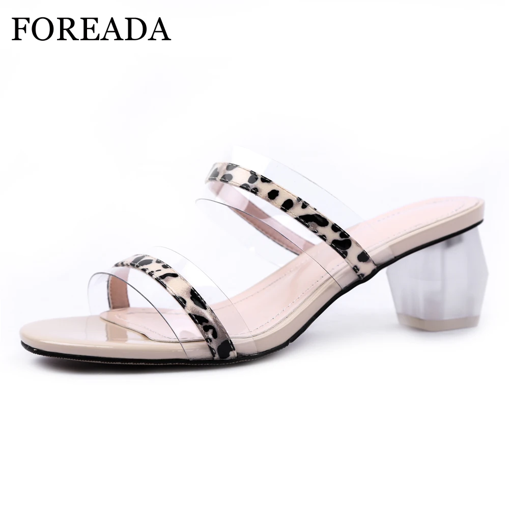 

FOREADA Summer Slippers Women Shoes Transparent Strange Style Heel Shoes Leopard Open Toe Slides Lady Sandals Big Size 33-43