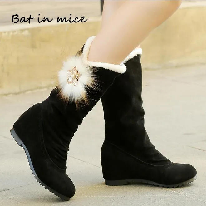 

Winter Women Snow Boots women Warm Fur Slip On 5cm High Heels shoes women Casual Mid Calf Boots Women Mujer Plus Size 35-40 W178