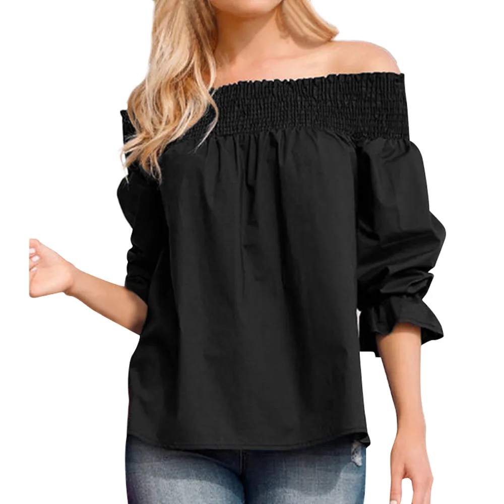 

ISHOWTIENDA 2019 Sexy Off Shoulder Tops Bow Bandage Blouse Puff Sleeve Solid Blouse Womens Tops and Blouses Camisa Feminina Haut