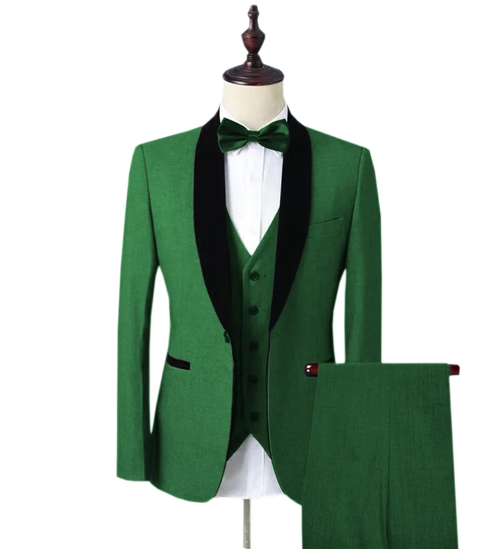 Мужской бархатный костюм из 3 предметов, приталенный пиджак на одной пуговице, смокинг для жениха, блейзеры для свадьбы, вечерние(Блейзер+ жилет+ брюки - Цвет: Green
