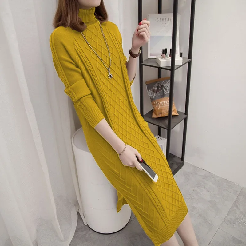 New Fashion Autumn Winter Women Knitting Middle Long Dresses Female Turtleneck Long Sleeve Warm Thick Dresses Pullovers F15