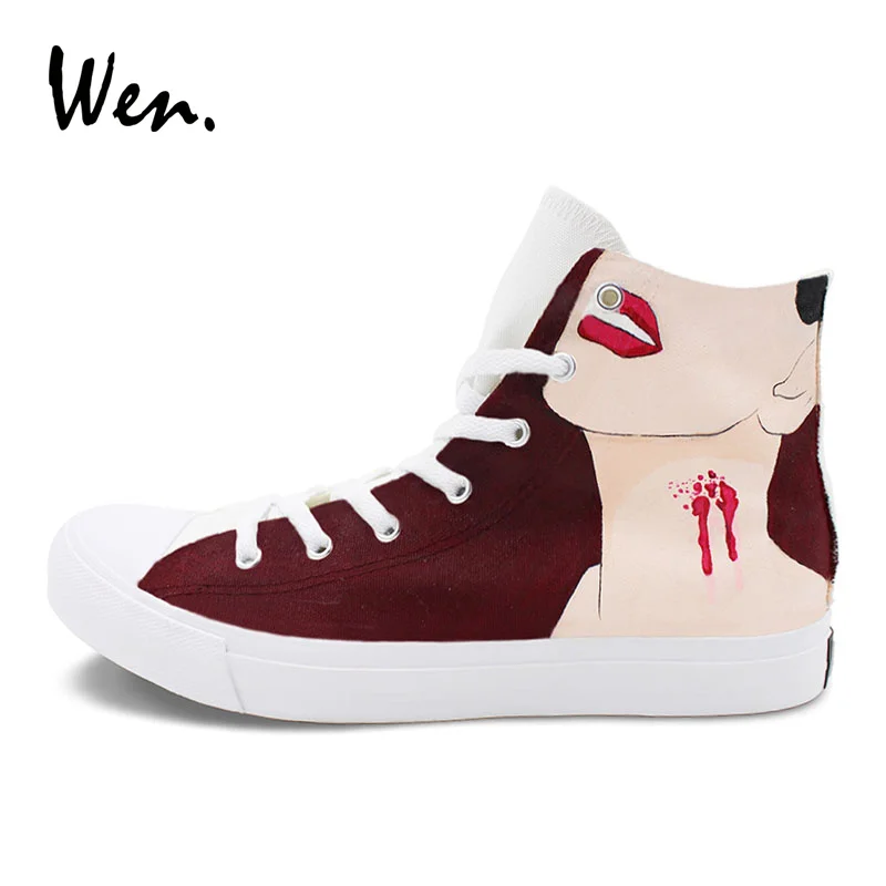 ون الأصلي ناحية العرف رسمت أحذية مصاص دماء سيدة تمتص الدم أحمر شفاه النساء أحذية رياضية من قماش القنب مرحبا أعلى الأحمر الداكن الإناث أحذية ت...