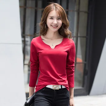 

Woman Long Sleeve T-shirts New Casual Tops Cotton V-Neck Solid Women Shirts Female Tees Special Design Collar #KQ1815-1