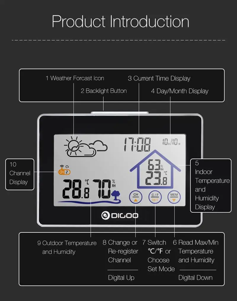 Digoo DG-TH8380 беспроводной термометр гигрометр сенсорный экран Метеостанция термометр Открытый датчик погоды Часы