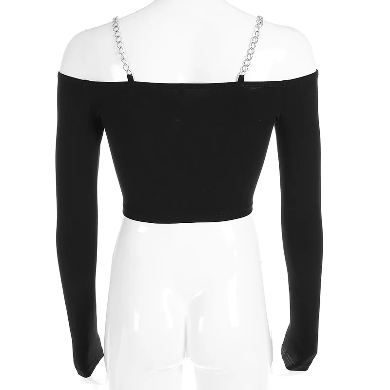 ArtSu Fashion Chain Off the Shoulder Tops for Women Black Long Sleeve Crop Top T-shirt Femme Basic Shirt Streetwear ASTS20611
