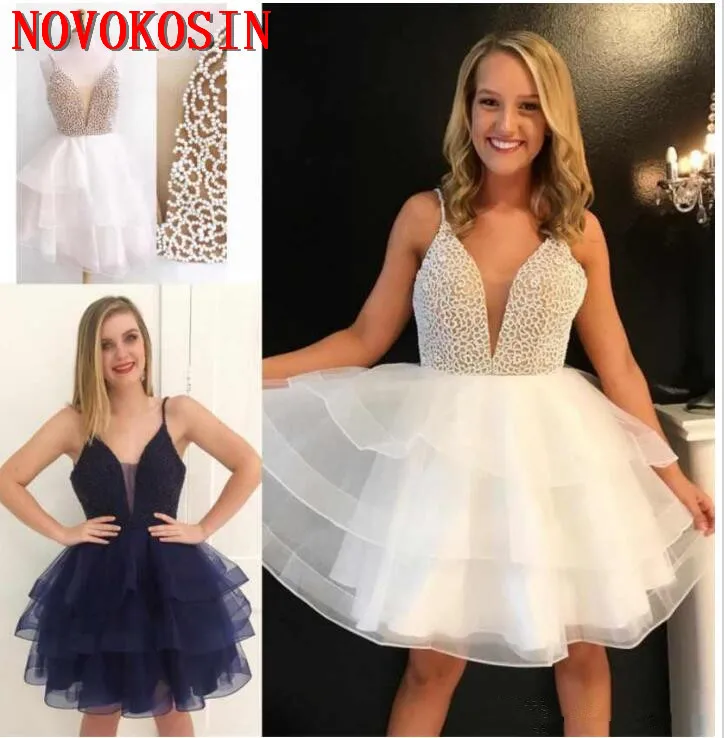 

Sweet Major Beading Short Homecoming Dresses 2019 Spaghetti Illusion Tiered Mini Cocktail Party Gowns Girl Graduation Prom Dress