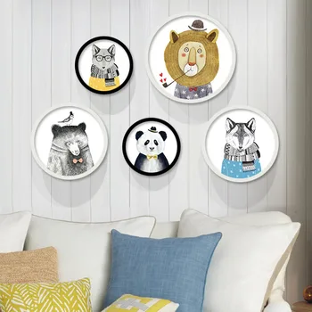 

HAOCHU Round Decorative Canvas Painting Living Room Posters Cartoon Animais Panda Cat with Glasses Lion Bear and Cute Wolf Dog