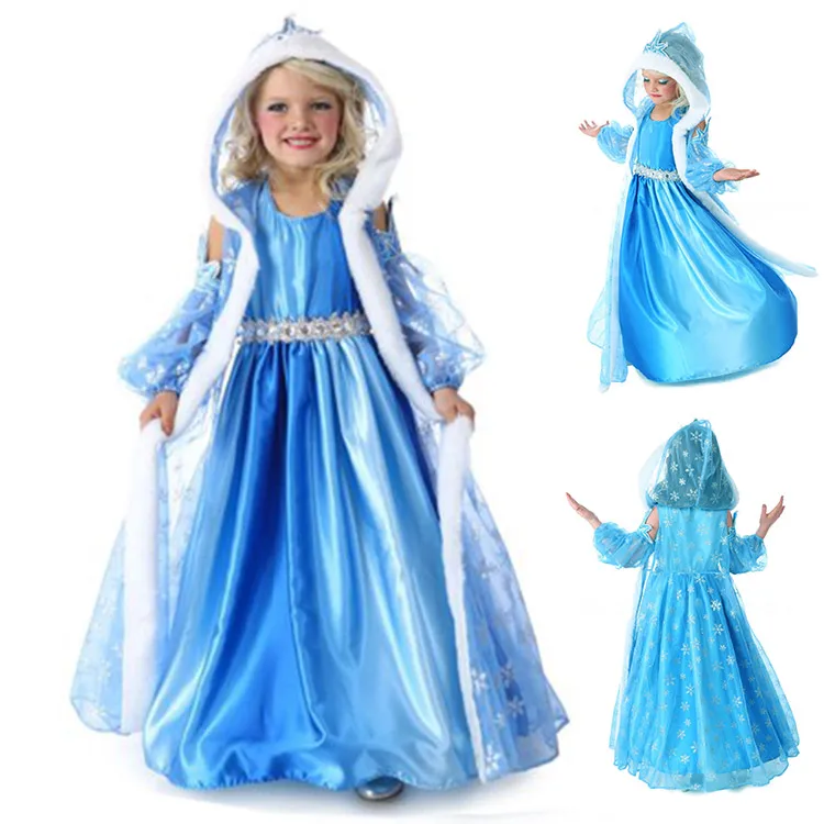 

Girl Princess Party Dress Elsa Hooded Frocks with Matching Gloves and Snowflake Printed Cloak Kid Halloween Cosplay Elsa Costume