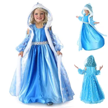 

Girl Princess Party Dress Elsa Hooded Frocks with Matching Gloves and Snowflake Printed Cloak Kid Halloween Cosplay Elsa Costume