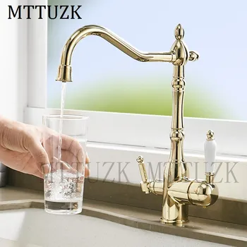 

MTTUZK 360 Degree Rotation Drinking Filtered Water Kitchen Faucet 3 Way Water Mixer Tap Gold Solid Brass Kitchen Sink Tap Crane