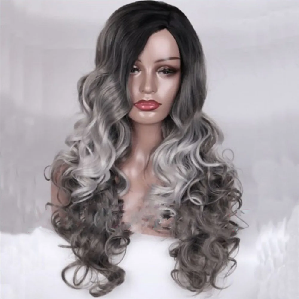 New Fashion Popular Sexy Women Girl Gradient Gray Party Wigs Long Curly Hair Mixed Colors Synthetic Wig Gift Dropshipping New Fashion Popular Sexy Women Girl Gradient Gray Party Wigs Long Curly Hair Mixed Colors Synthetic Wig Gift Dropshipping