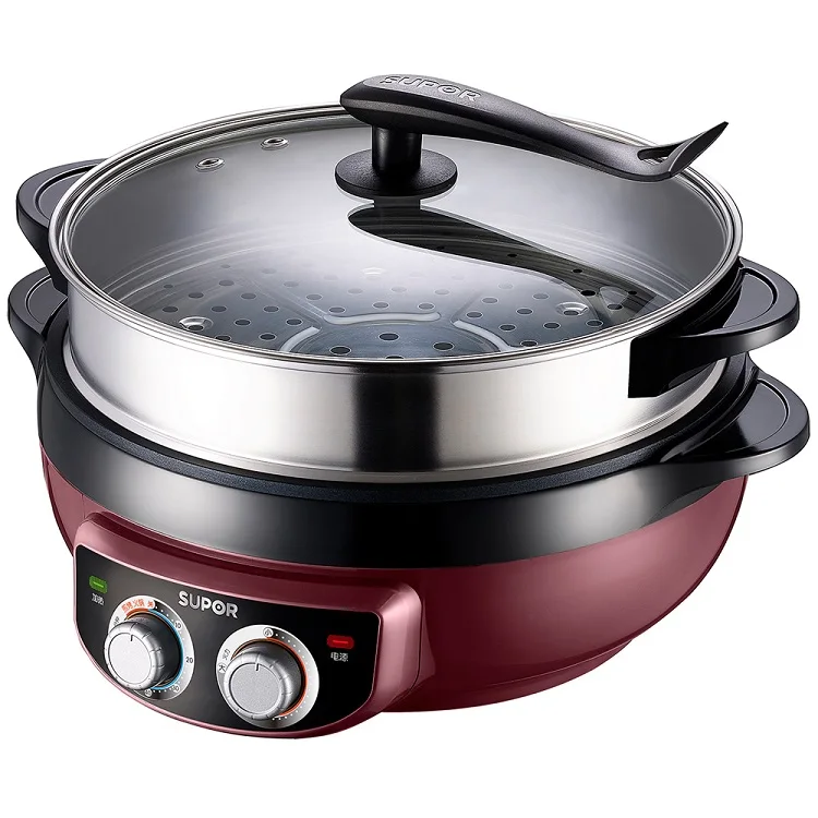 

WUXEY Multifunctional Electric Food Steamer Hot Pot Household Electric Cooker Wok 6L Red Korean Style Non-stick Pan