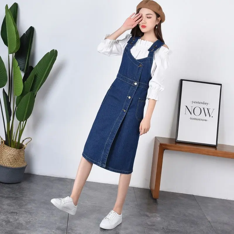Женская джинсовая юбка с высокой талией нагрудник на кнопке|denim skirts for women|high waist