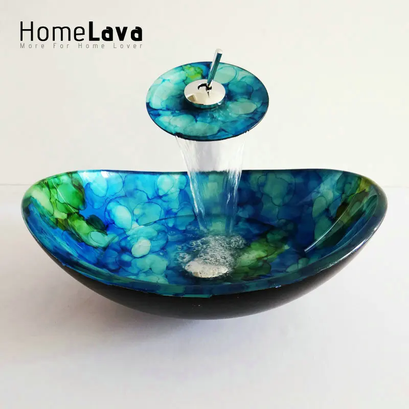 Modern Simple Oval Tempered Glass Bathroom Sink With Waterfall Faucet