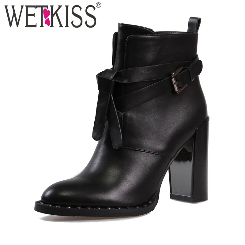WETKISS Buckle Strap Rivet Ankle Boots New Arrival Comfortable Warm Zip Winter Boots Superstar Women Shoes 2018 Super High Heels