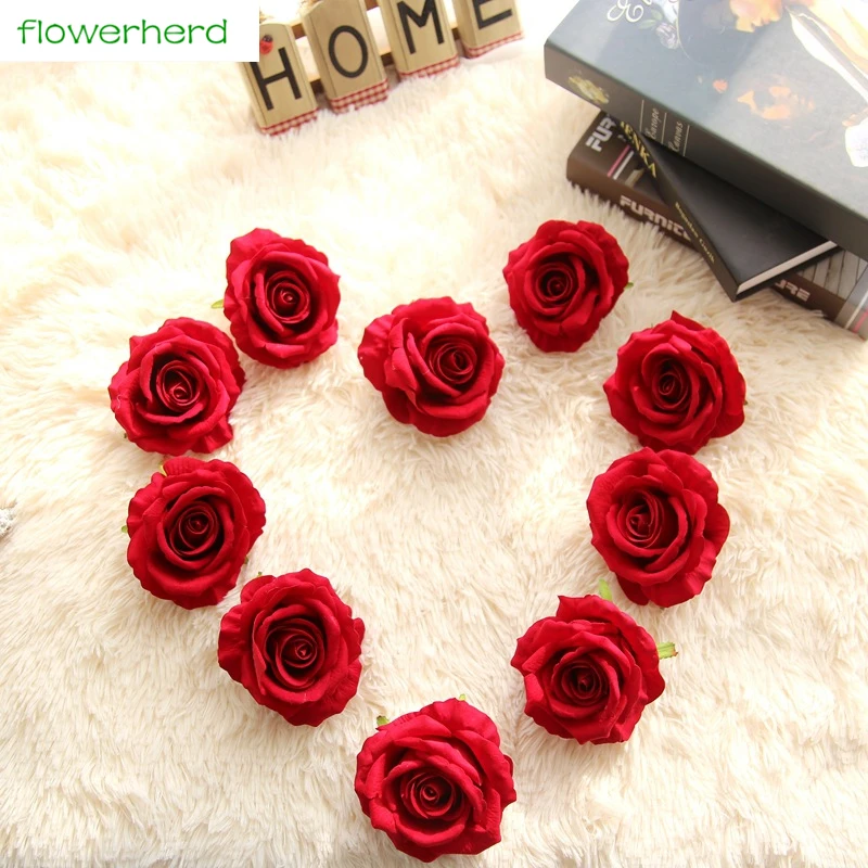 10cm Flannel Rose Heads Artificial Flowers High Quality DIY Wedding Decoration Garland Kissing Ball Flower Wall White Pink 10pcs