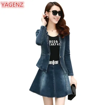 

YAGENZ 2 Piece Set Women Denim Set Fashion Spring Autumn Clothes Womens Jeans Two Piece Set Crop Top And Skirt Set Twotwinstyle