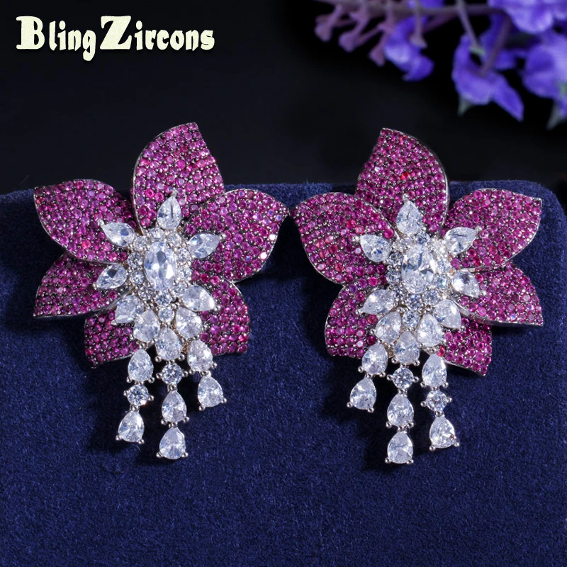 

BeaQueen Big Geometry Flower Micro Paved Rose Red Cubic Zirconia Silver 925 Tassel Drop Earrings Jewelry for Women E265